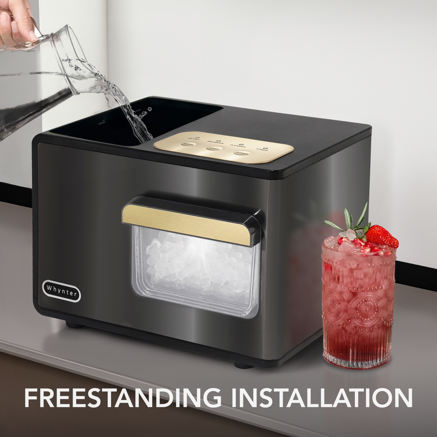 Whynter IBX-388BG SonicSnö Countertop Nugget Ice Maker 40lbs/24hrs with Removable Ice Drawer, Chewable Pebble/Sonic Type Ice in Black and Gold Stainless Steel Finish