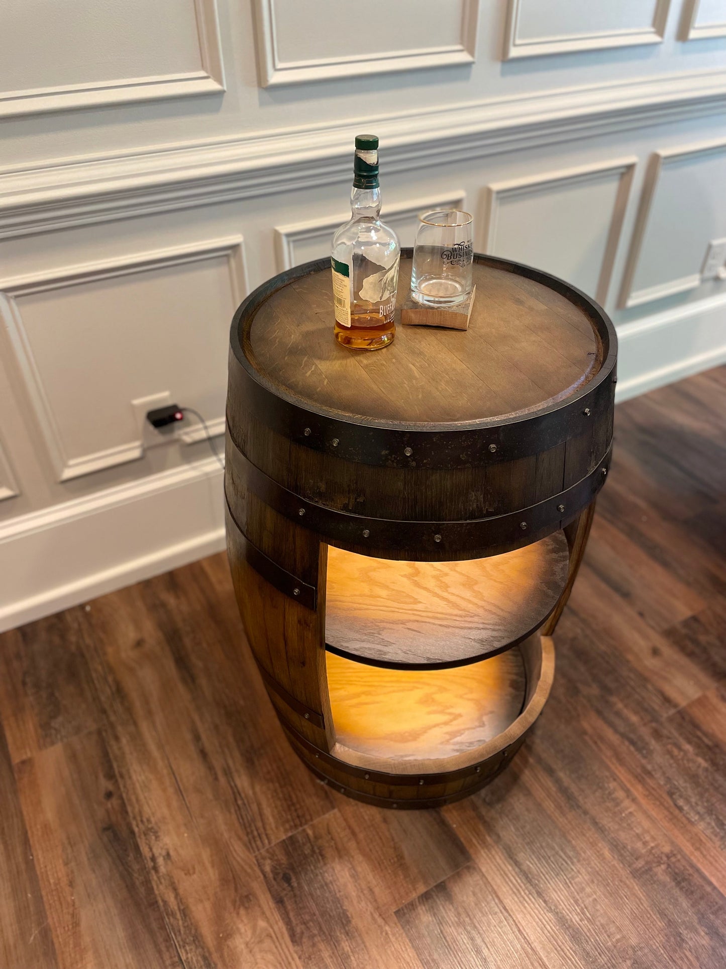 Custom Whiskey Barrel Cabinet with LED & Shelves