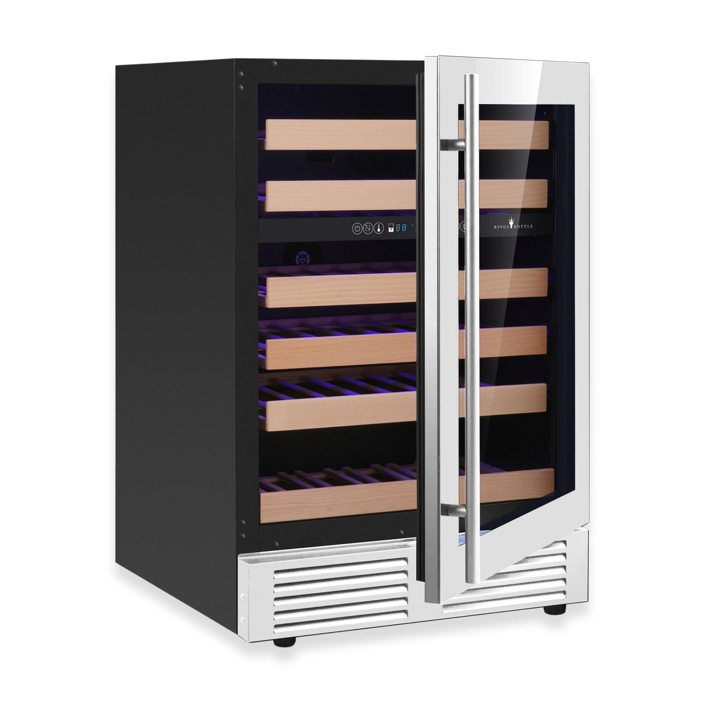 KingsBottle 24-Inch Under-Counter Dual Zone Wine Cooler with Low-E Glass Door With Stainless Steel Trim Left Hand Hinge