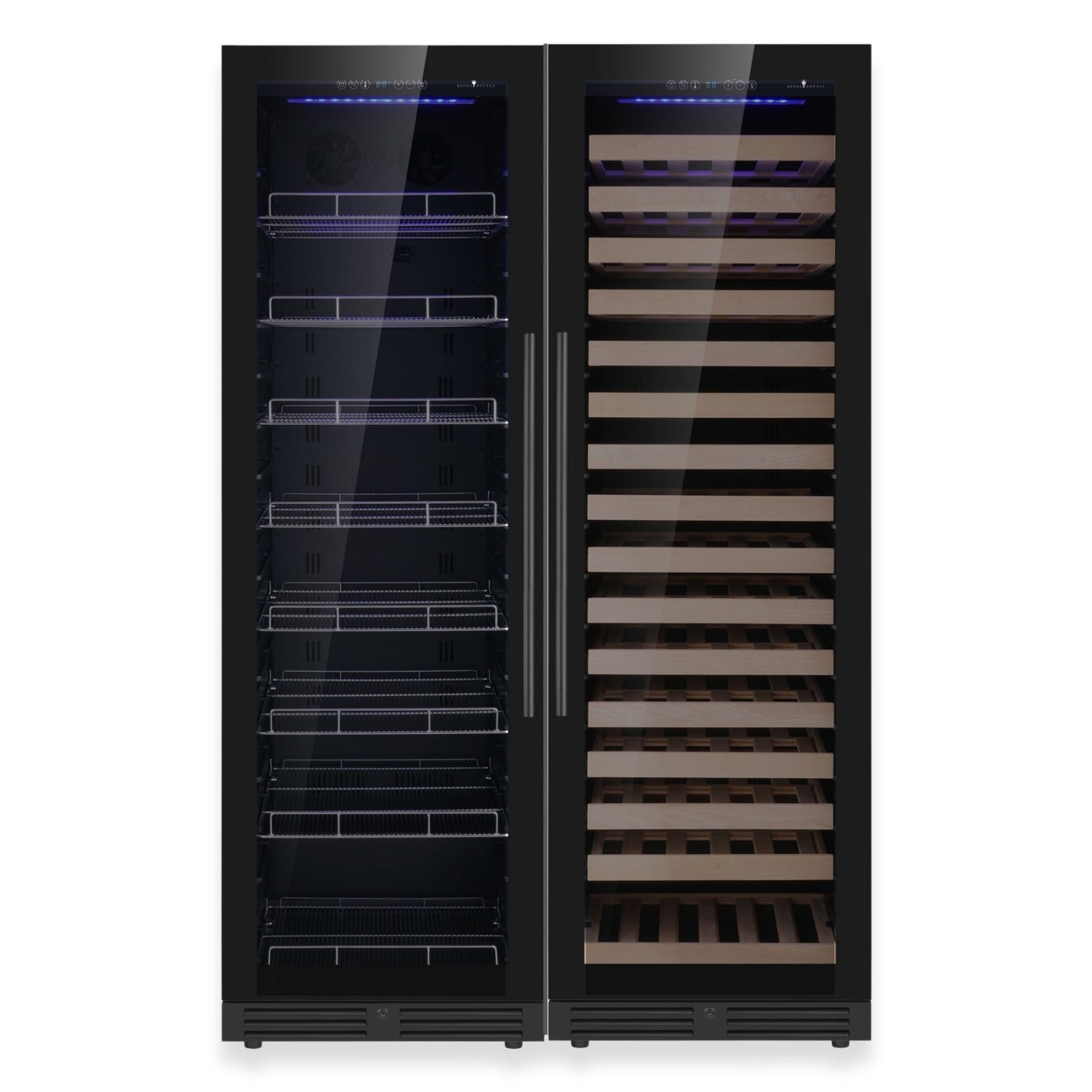 KingsBottle Ultimate Wine & Beverage Upright Refrigerator Combo with Low-E Borderless Black Glass door