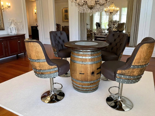 Luxury Wine Barrel Bar Set w/ Pub Table & Wine Barrel Bar Stools - Multi-Use Wine and Whiskey Home Bar Furniture