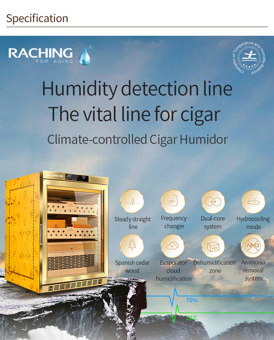 Raching MON800A Precision Electronic Cigar Humidor Cabinet – Gold with Ammonia Removal | 500–600 Cigar Capacity