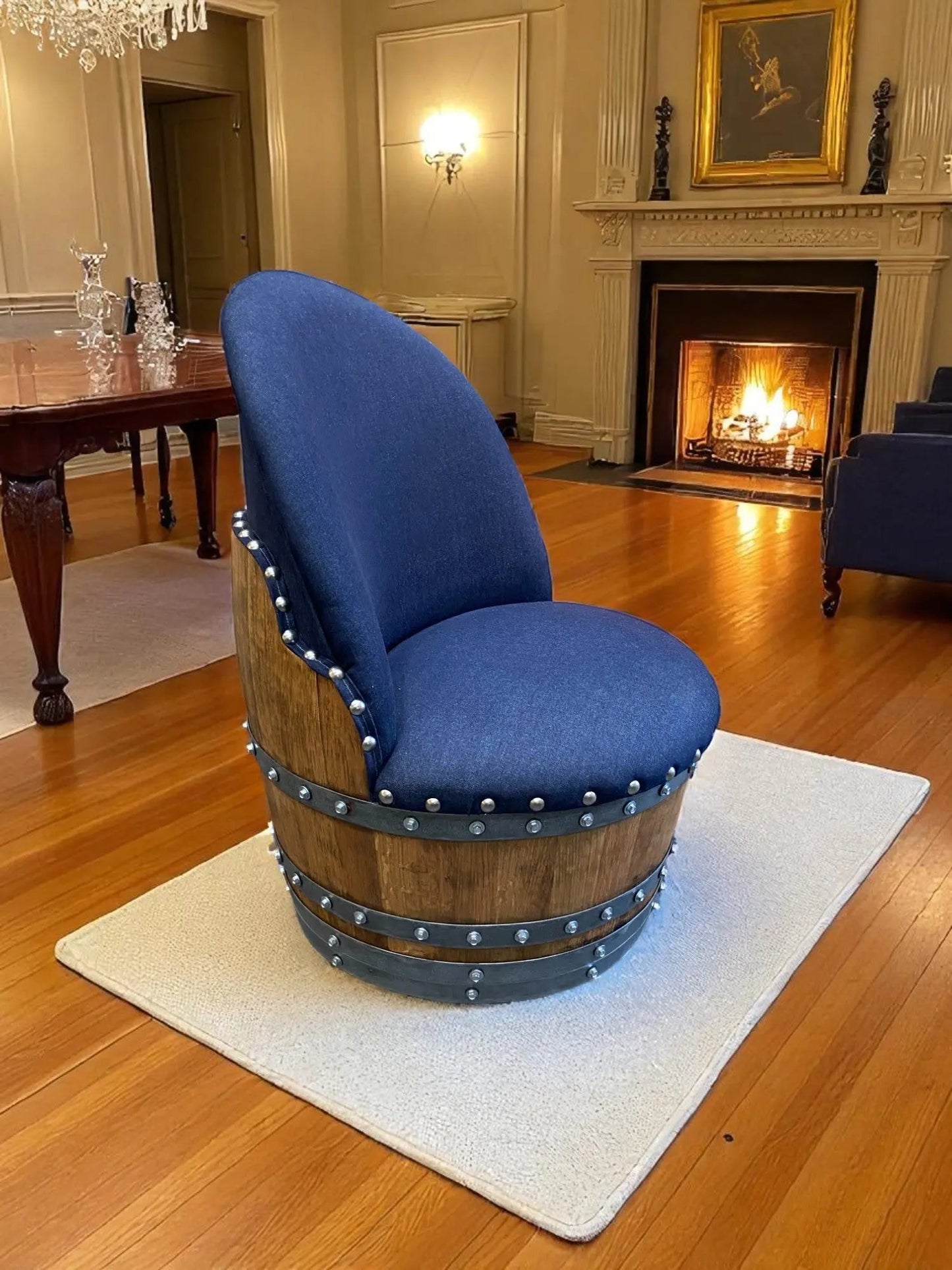 Dark Navy Blue Wine Barrel Poker Set with Removable Dining Top - Game Table & Barrel Chair - Wine Barrel Table for Dining and Poker