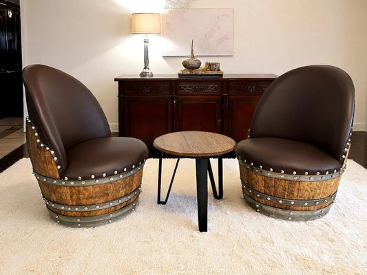 Whiskey & Wine Barrel Steel-Leg Center Table — Reclaimed Oak Top