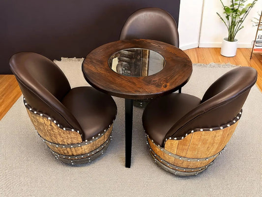 Whiskey & Wine Barrel Steel-Leg Table Set — 3 Chairs, Modern Build