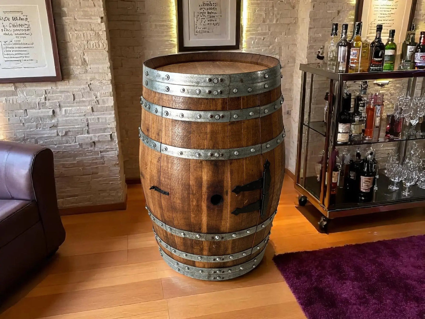 Whiskey & Wine Barrel Bar Cabinet — Door Shelf, Reclaimed Oak