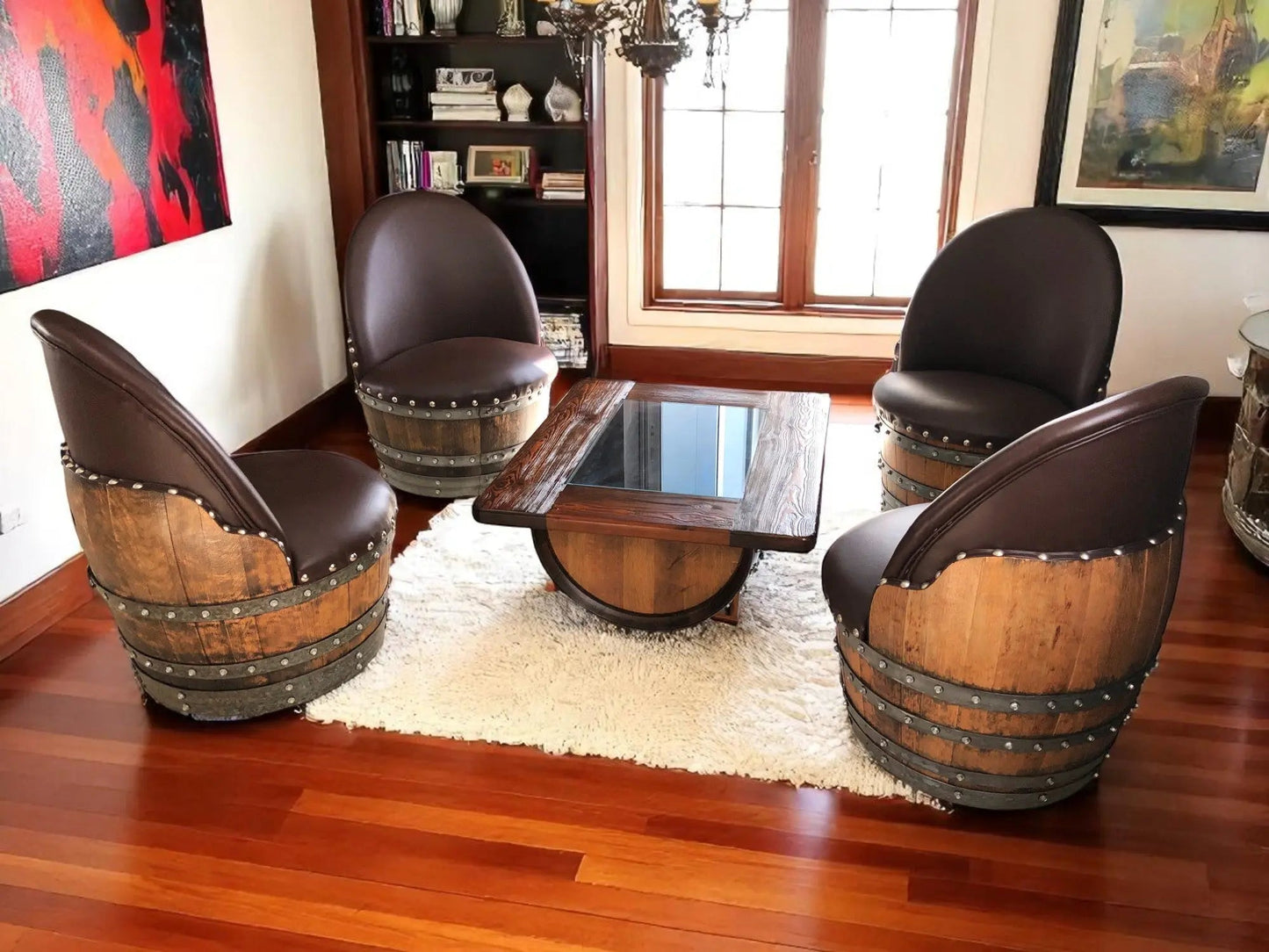 Wine Barrel Coffee Table Set with 4 Chairs - Rustic Whiskey Barrel Furniture Set - Handmade Solid Oak - Free Shipping