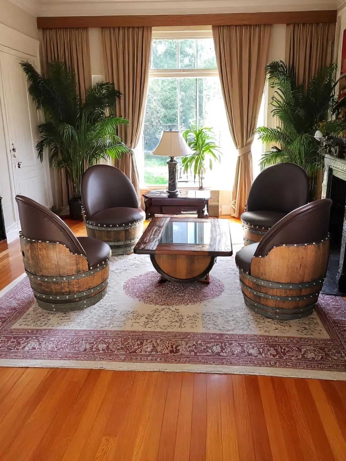 Wine Barrel Coffee Table Set with 4 Chairs - Rustic Whiskey Barrel Furniture Set - Handmade Solid Oak - Free Shipping
