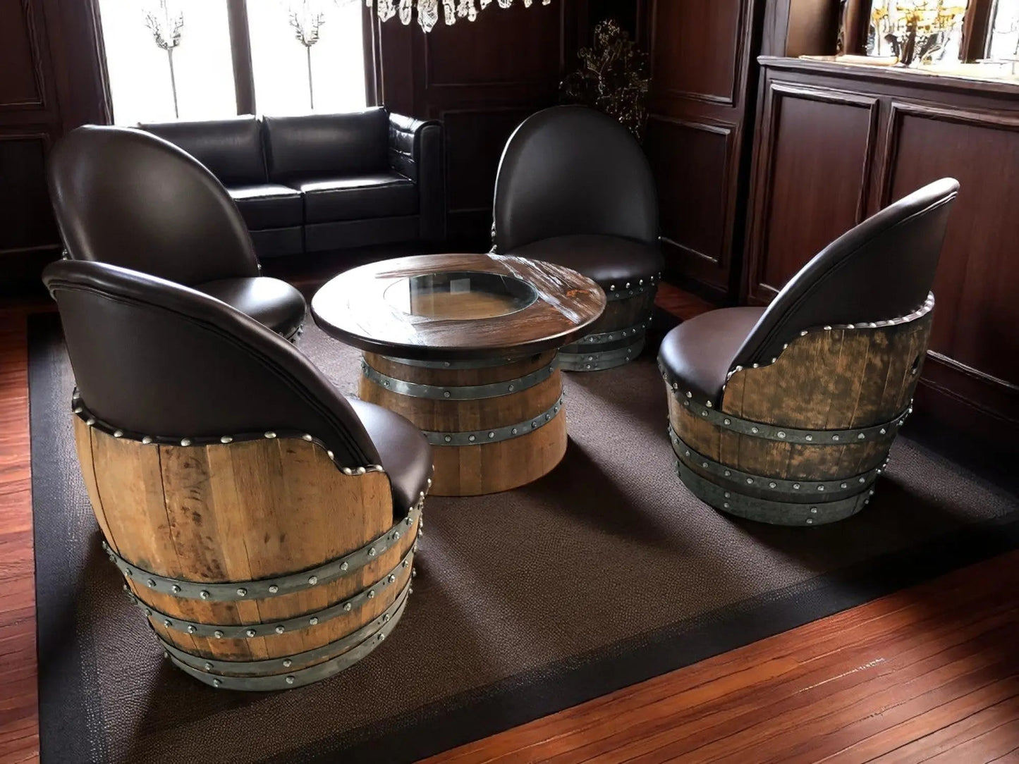 Wine Barrel Full Round Coffee Table Set with 4 Chairs - Rustic Whiskey Barrel Furniture Set - Handmade Solid Oak - Free Shipping