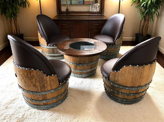 Wine Barrel Full Round Coffee Table Set with 4 Chairs - Rustic Whiskey Barrel Furniture Set - Handmade Solid Oak - Free Shipping