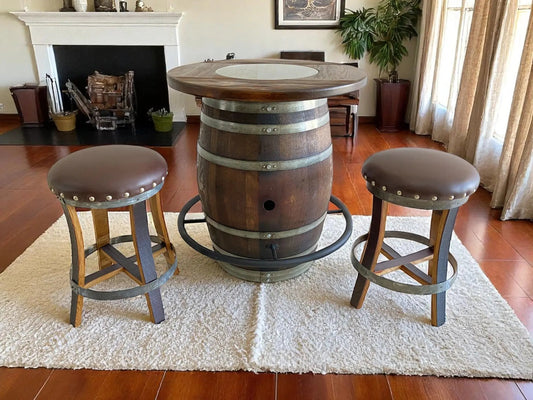 Oak Wine Barrel Whiskey Bistro Pub Table Set, Footrail, Bar Stools, Home Bar, Man Cave, Whiskey Bistro, Wine Bistro, Barrel Bar, Glass Top