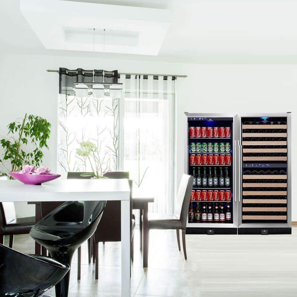KingsBottle 56″ Upright Glass Door Stainless Steel Wine And Beverage Refrigerator Combo