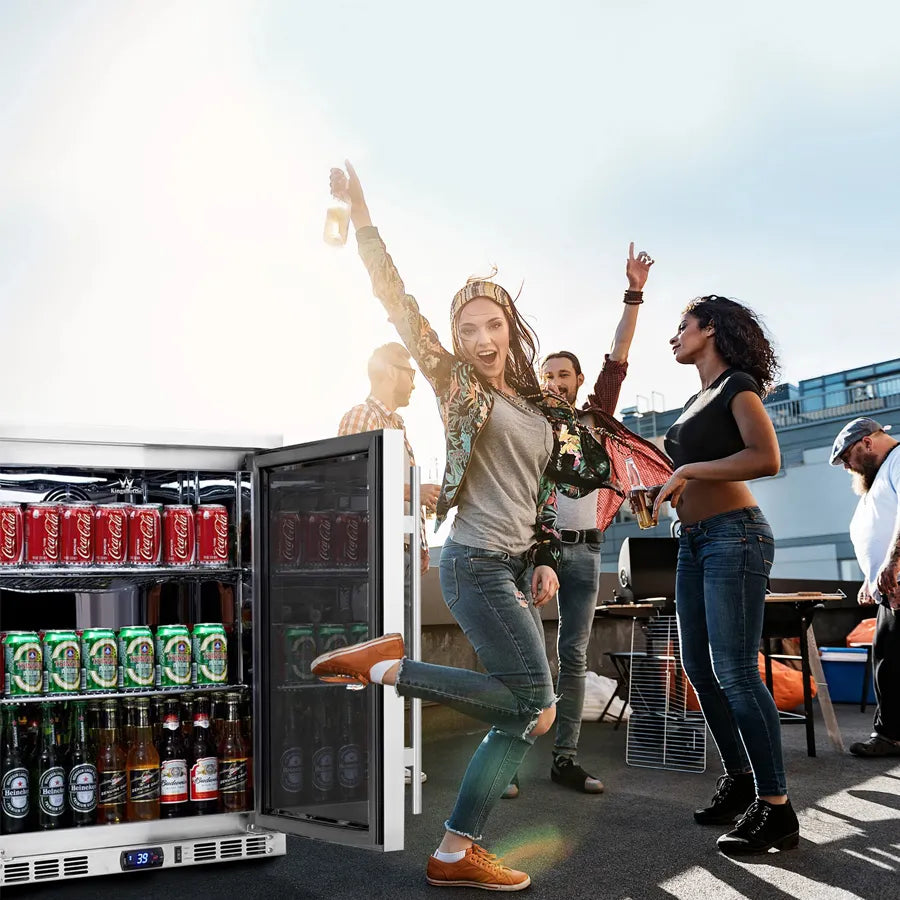 KingsBottle 126 Can 24″ Under Counter Right Hinge Outdoor Stainless Steel Beverage Refrigerator