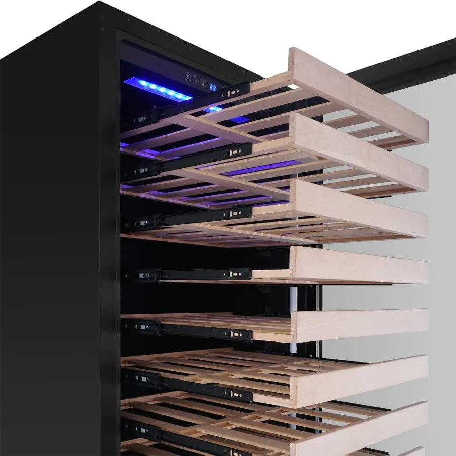 KingsBottle 159 Bottle Upright Low-E Glass Door Right Hinge Dual Zone Black Wine Cooler