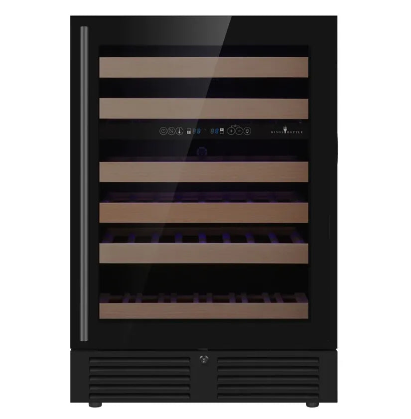 KingsBottle 46 Bottle 24″ Under Counter LOW-E Right Hinge Glass Door Dual Zone Black Wine Cooler