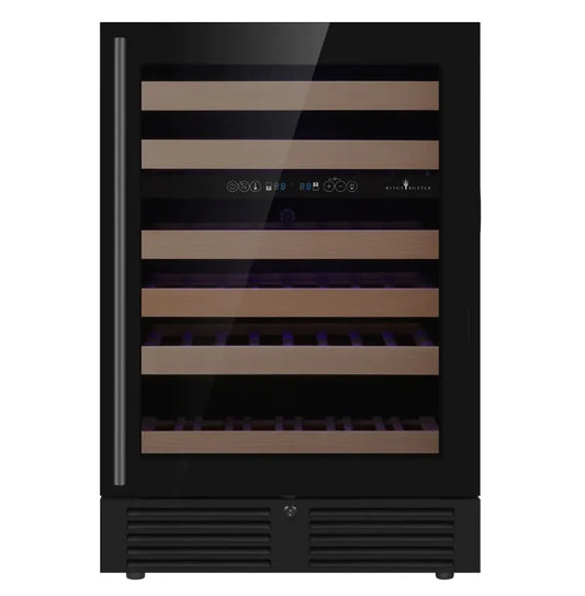 KingsBottle 46 Bottle 24″ Under Counter LOW-E Right Hinge Glass Door Dual Zone Black Wine Cooler