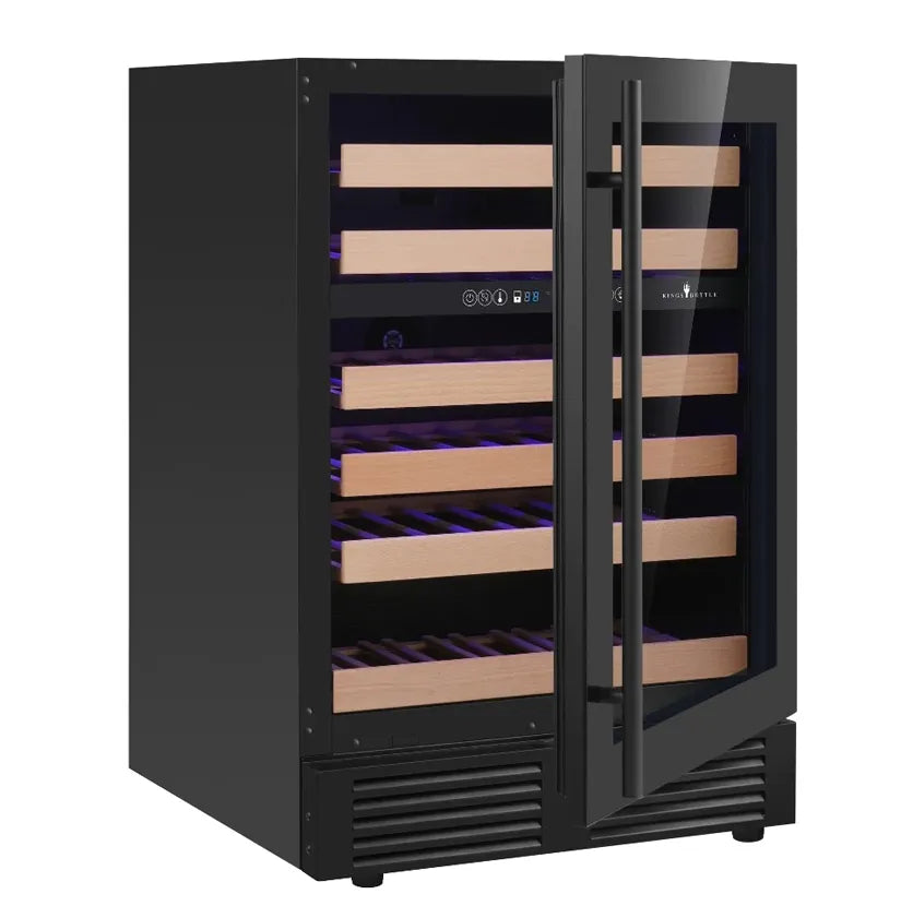 KingsBottle 46 Bottle 24″ Under Counter LOW-E Right Hinge Glass Door Dual Zone Black Wine Cooler