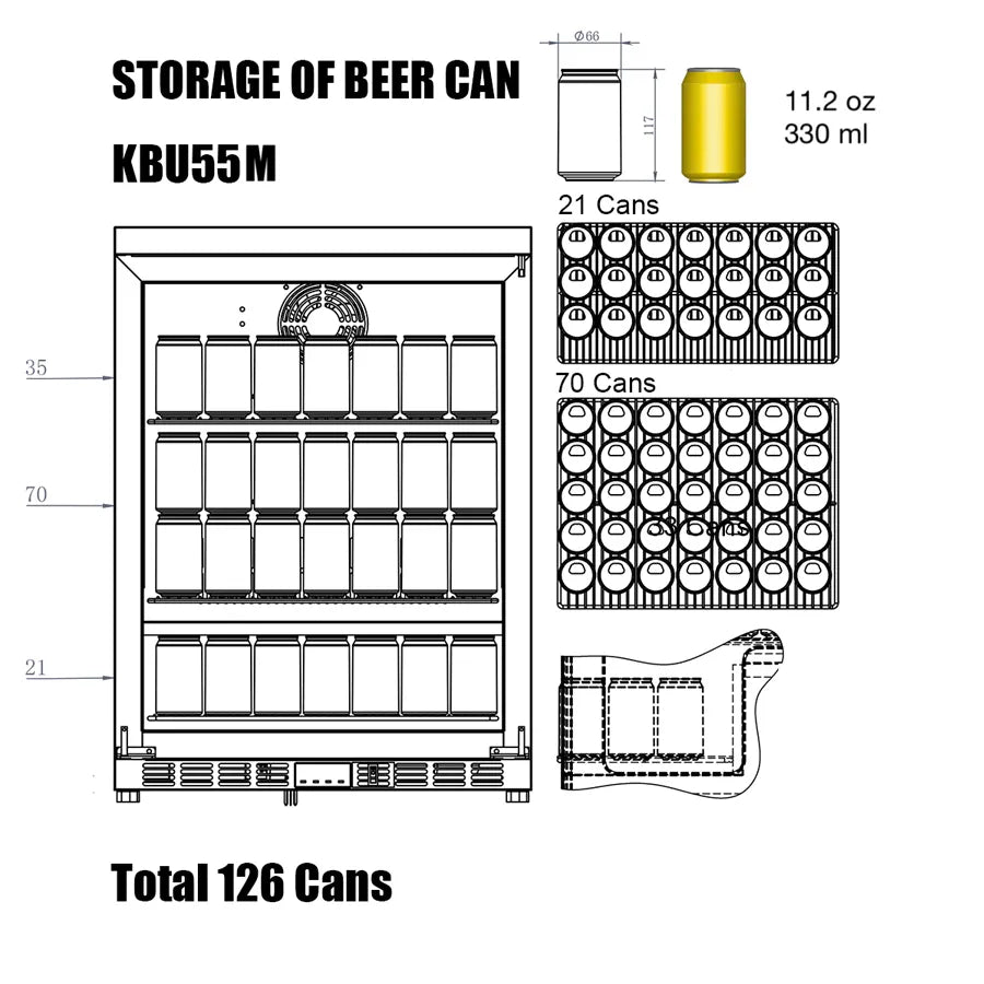 KingsBottle 126 Can 24″ Under Counter Right Hinge Outdoor Stainless Steel Beverage Refrigerator