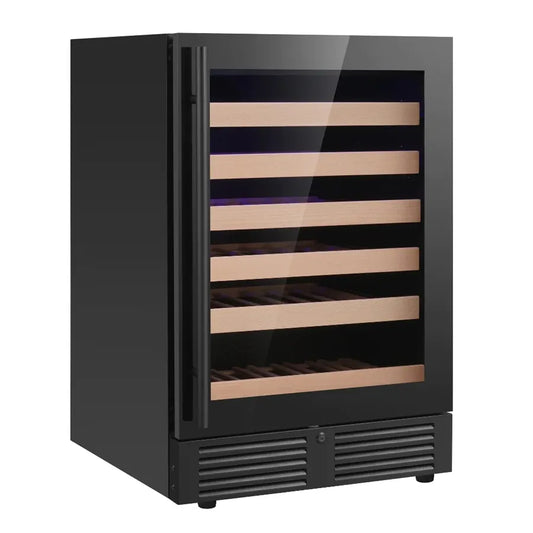 KingsBottle 46 Bottle 24″ Under Counter LOW-E Right Hinge Glass Door Single Zone Black Wine Cooler