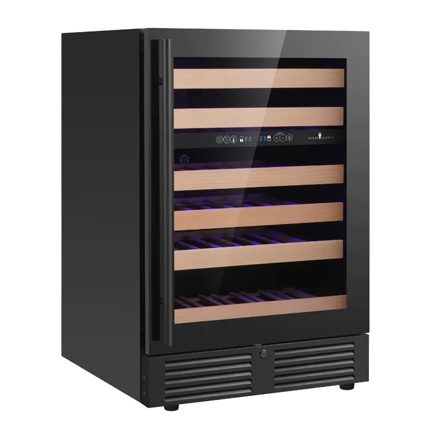 KingsBottle 46 Bottle 24″ Under Counter LOW-E Right Hinge Glass Door Dual Zone Black Wine Cooler