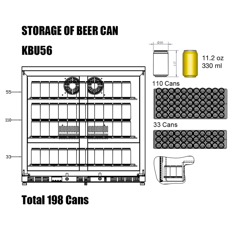 KingsBottle 198 Can 36″ 2 Door Under Counter Outdoor Stainless Steel Beverage Refrigerator
