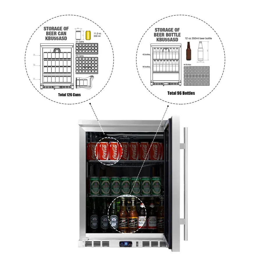KingsBottle 126 Can 24″ Under Counter Right Hinge Outdoor Stainless Steel Beverage Refrigerator