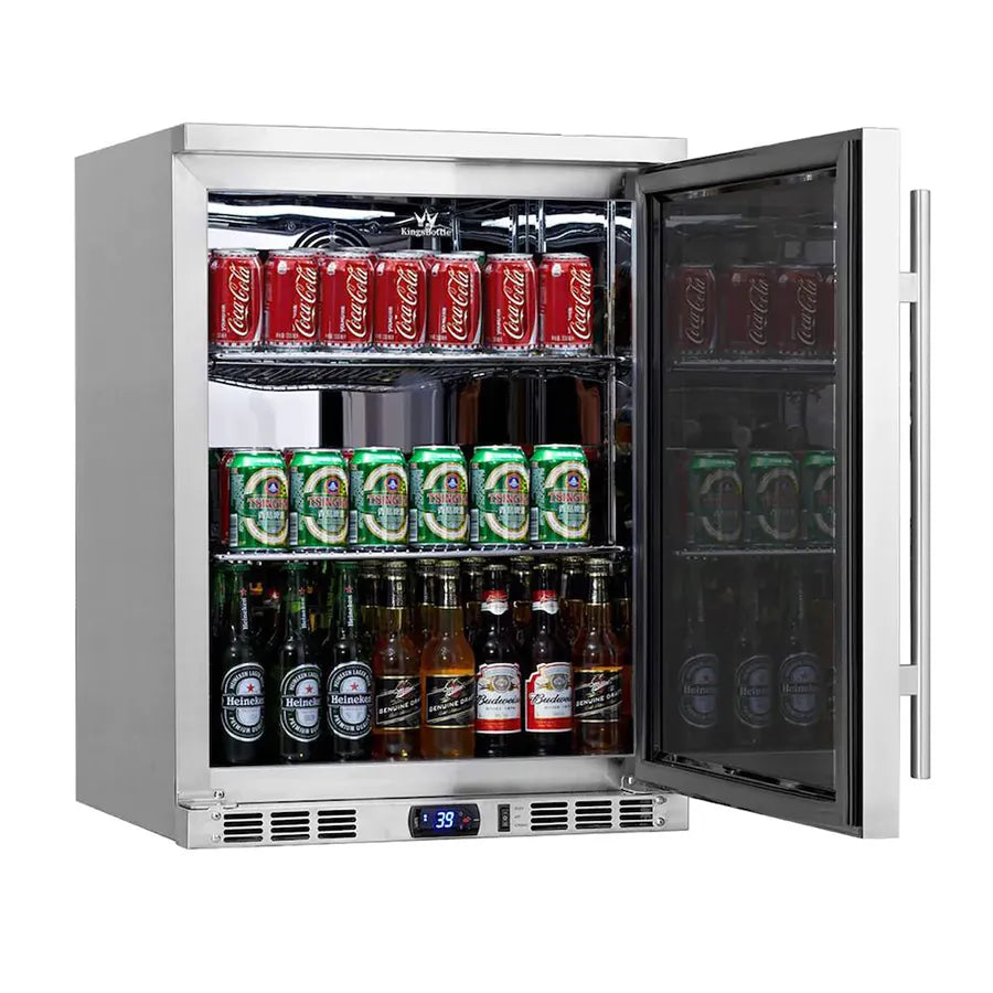 KingsBottle 126 Can 24″ Under Counter Left Hinge Outdoor Stainless Steel Beverage Refrigerator