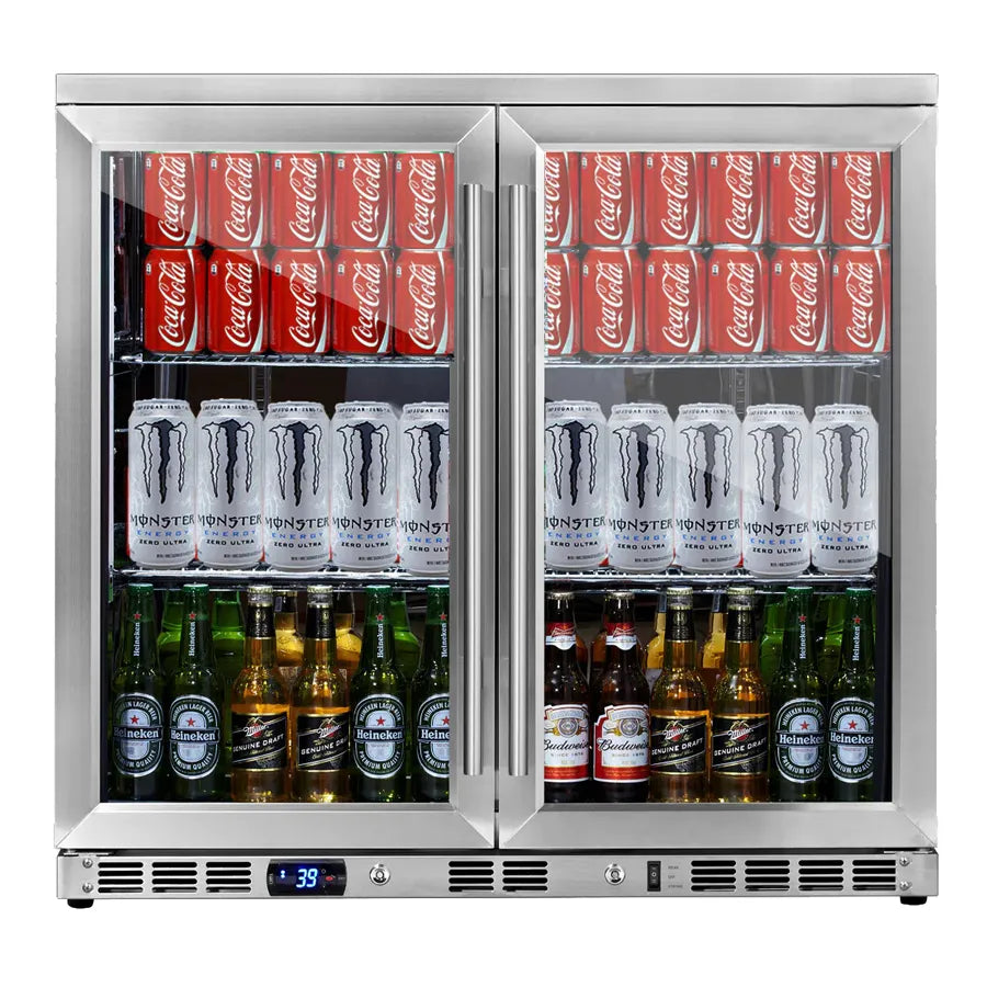 KingsBottle 198 Can 36″ Heating Glass 2 Door Under Counter Stainless Steel Beverage Refrigerator