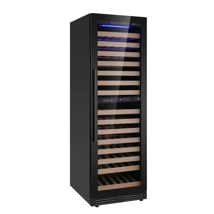 KingsBottle 159 Bottle Upright Low-E Glass Door Right Hinge Dual Zone Black Wine Cooler