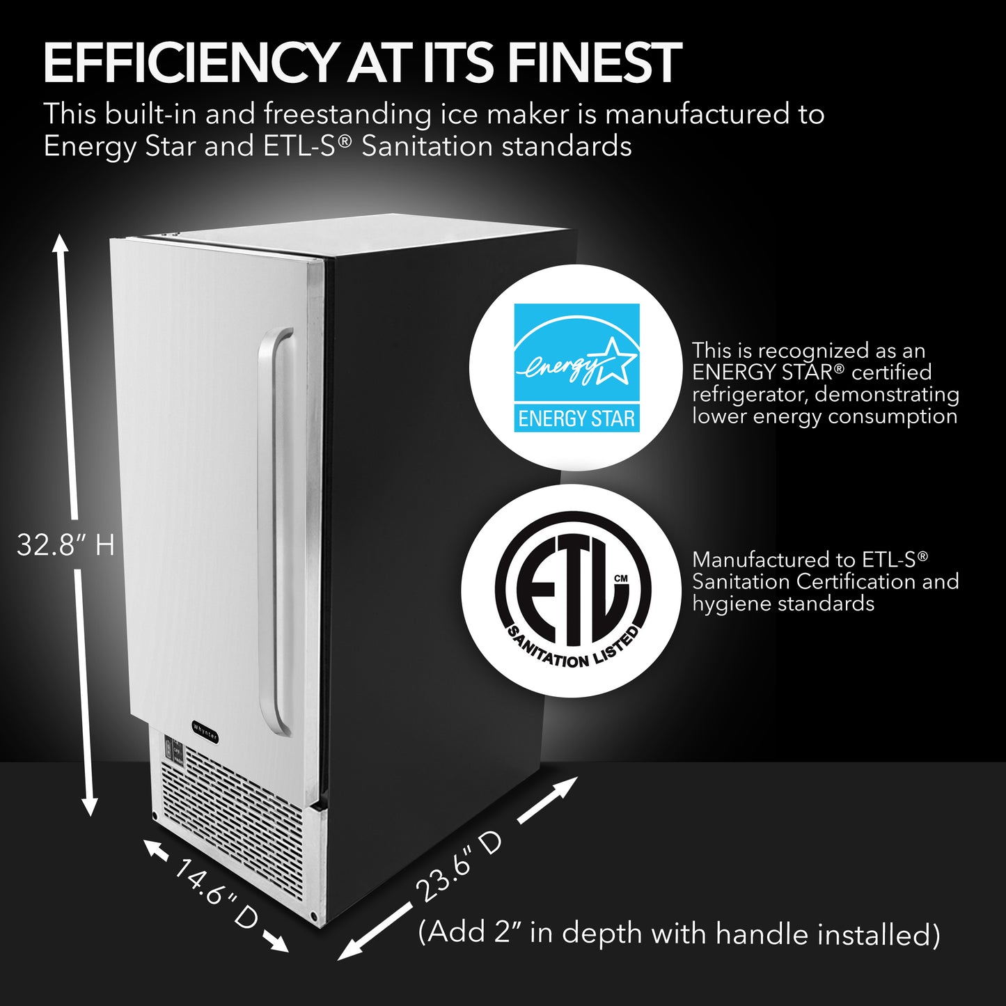 Whynter 15" Built-In Ice Maker 80lb capacity Clear Ice Cube with NSF Inline Water Filter