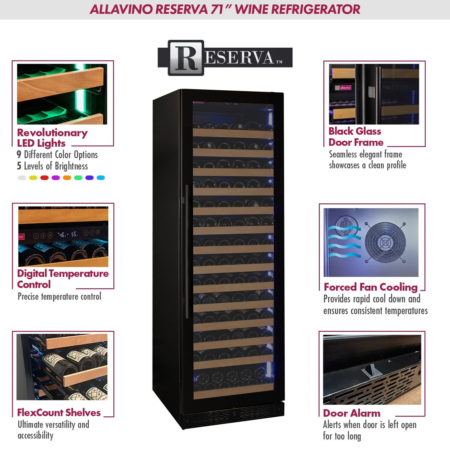Allavino VSW16371S-1SL Reserva Series 163 Bottle 71" Tall Single Zone Right Hinge Black Glass Door Wine Refrigerator