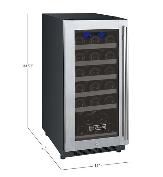 Allavino 15" Wide FlexCount II Tru-Vino 30 Bottle Single Zone Stainless Steel Left Hinge Wine Refrigerator