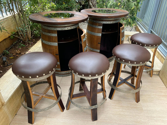 Whiskey & Wine Barrel Double Liquor Cabinet — Door Storage Shelf, 0–8 Stools