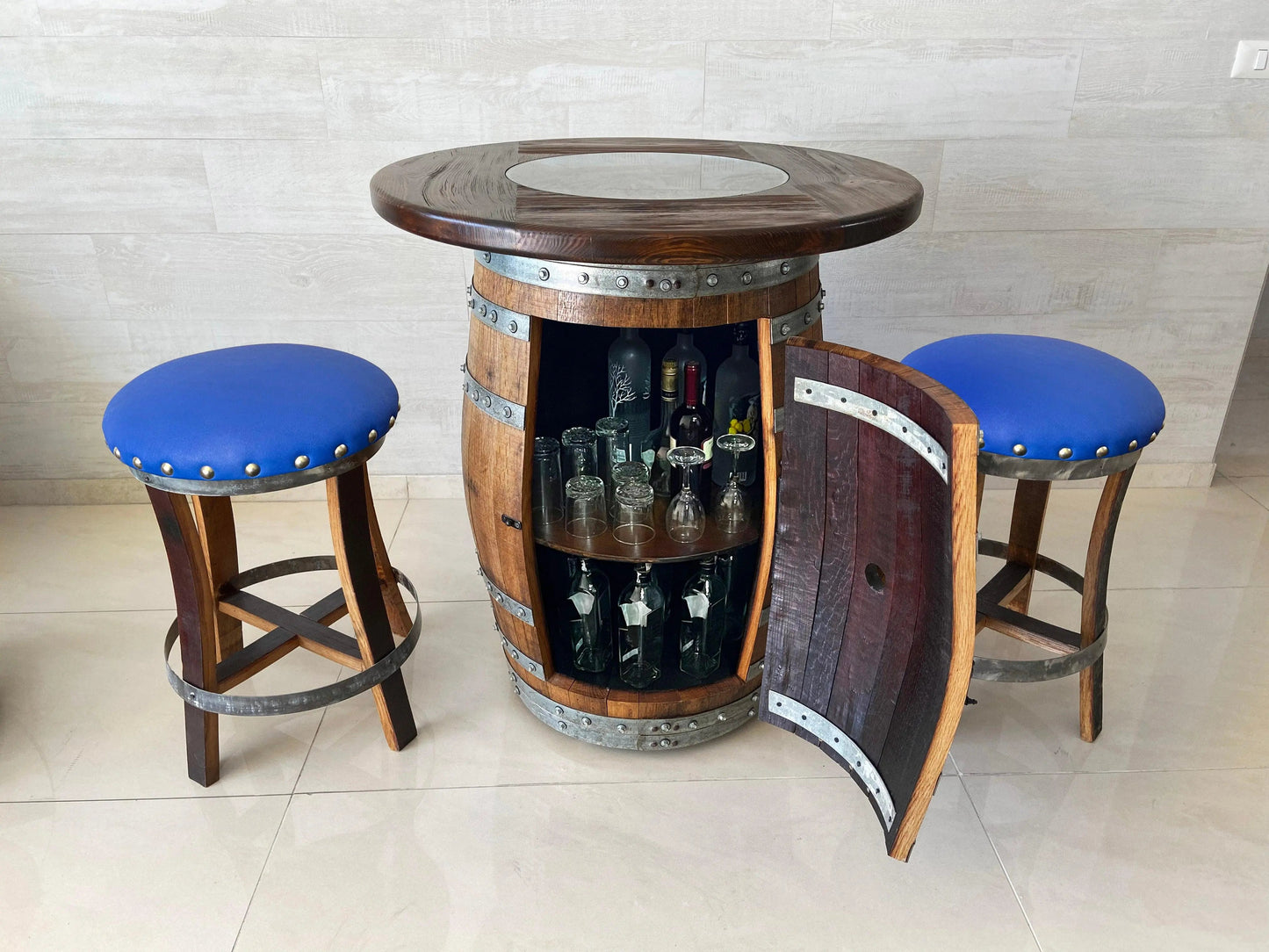 Oak Barrel Pub Table Set, Limited Colorways, Counter Height Wood Glass Top, Cabinet Storage, Bar Stools, Home Bar, Man Cave - Handmade from Family Business
