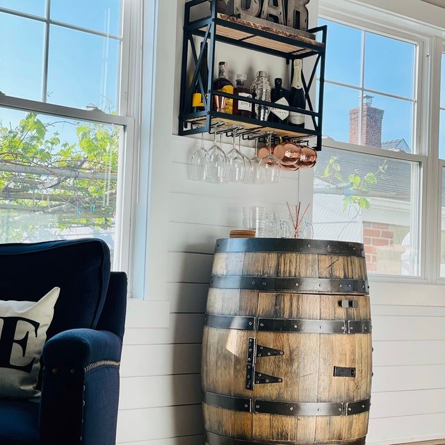 Whiskey Barrel Cabinet with Lock & LED Shelves