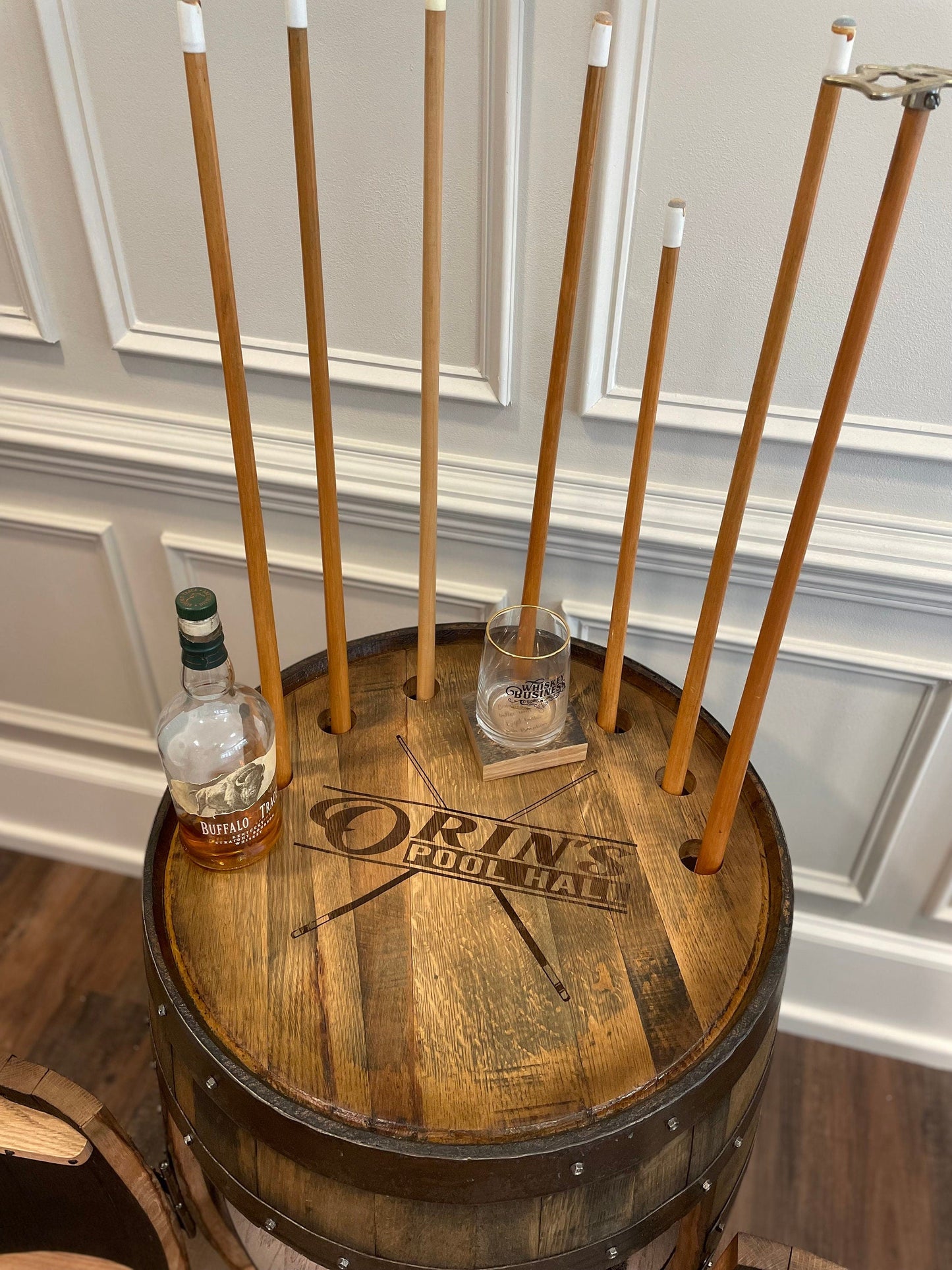 Whiskey Barrel Pool Cue & Billiards Cabinet