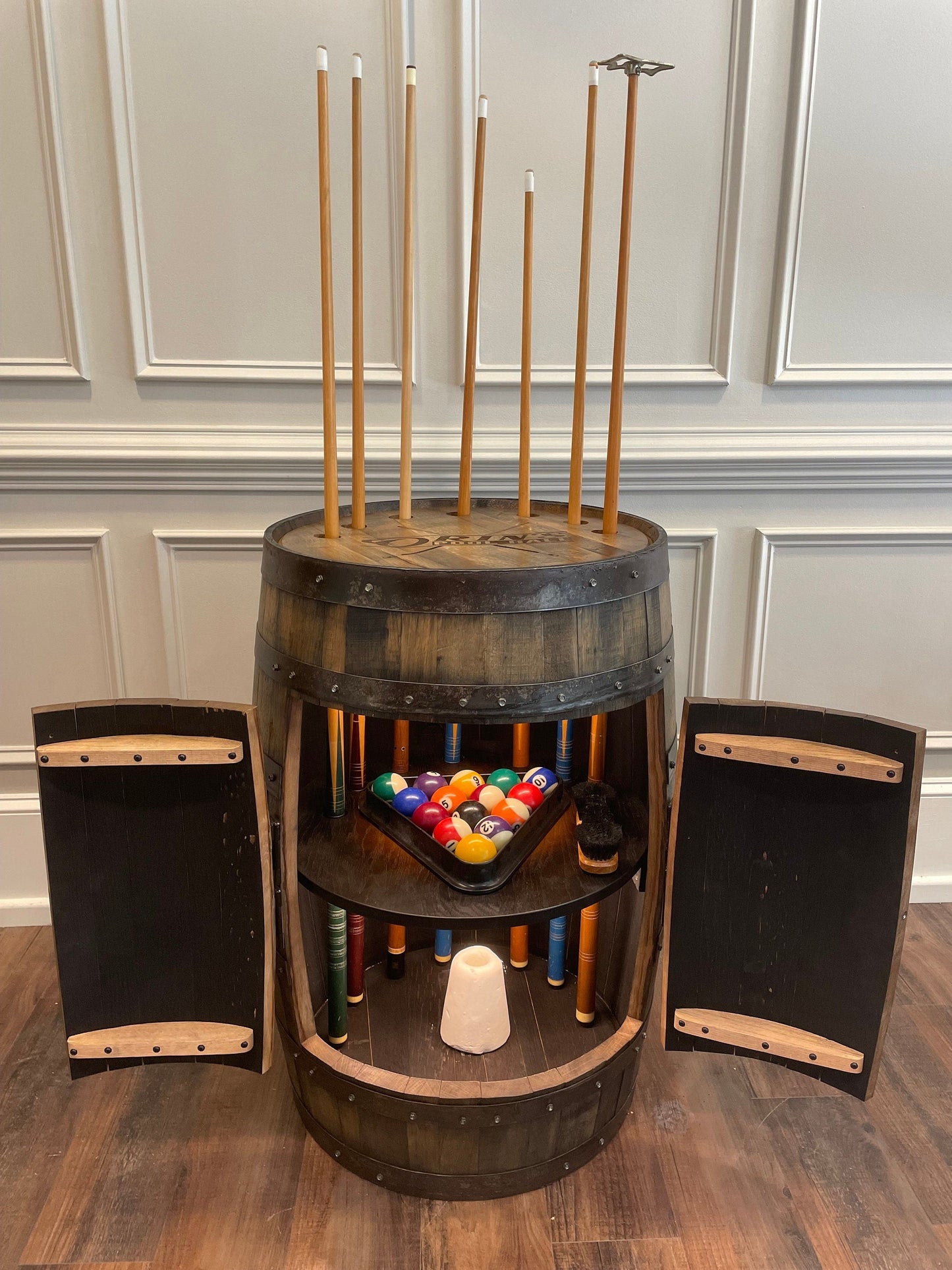Whiskey Barrel Pool Cue & Billiards Cabinet
