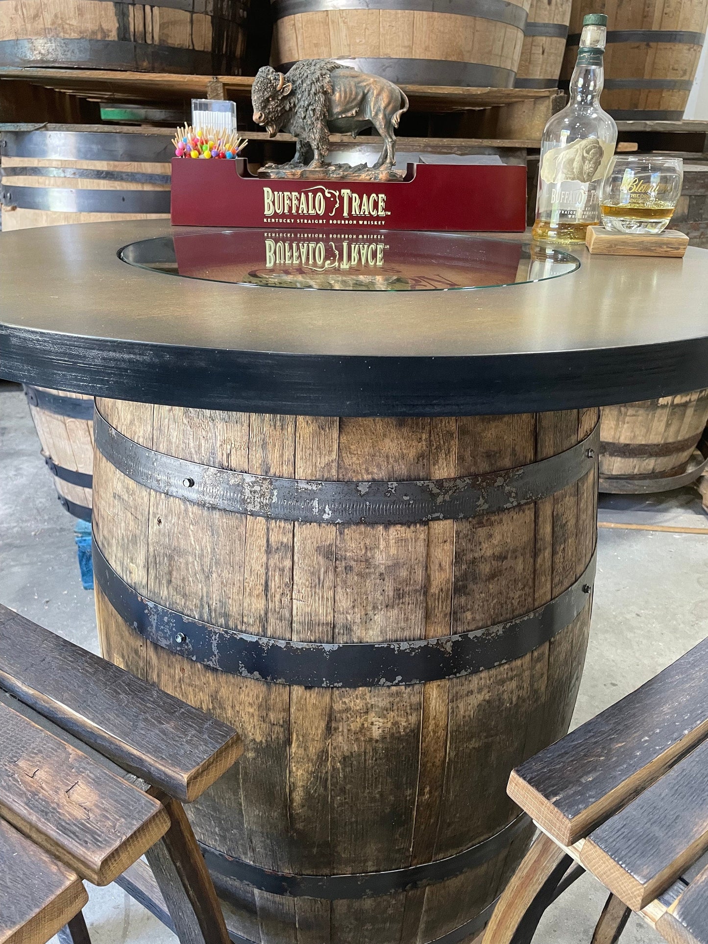 Custom made Bourbon Barrel Bistro/Pub Table Table with glass insert- Custom designed laser engraving available