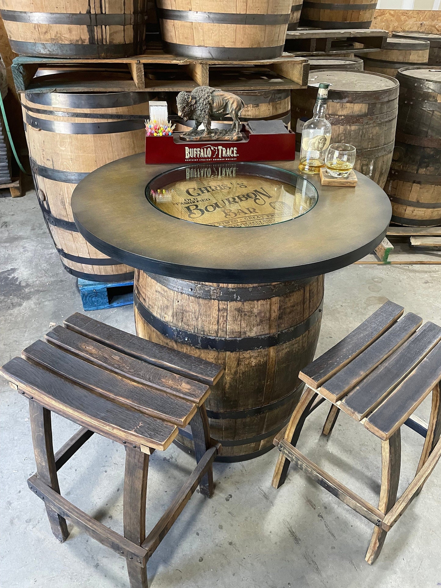 Custom Bourbon Whiskey Barrel Bar Table for Home Bars & Game Rooms