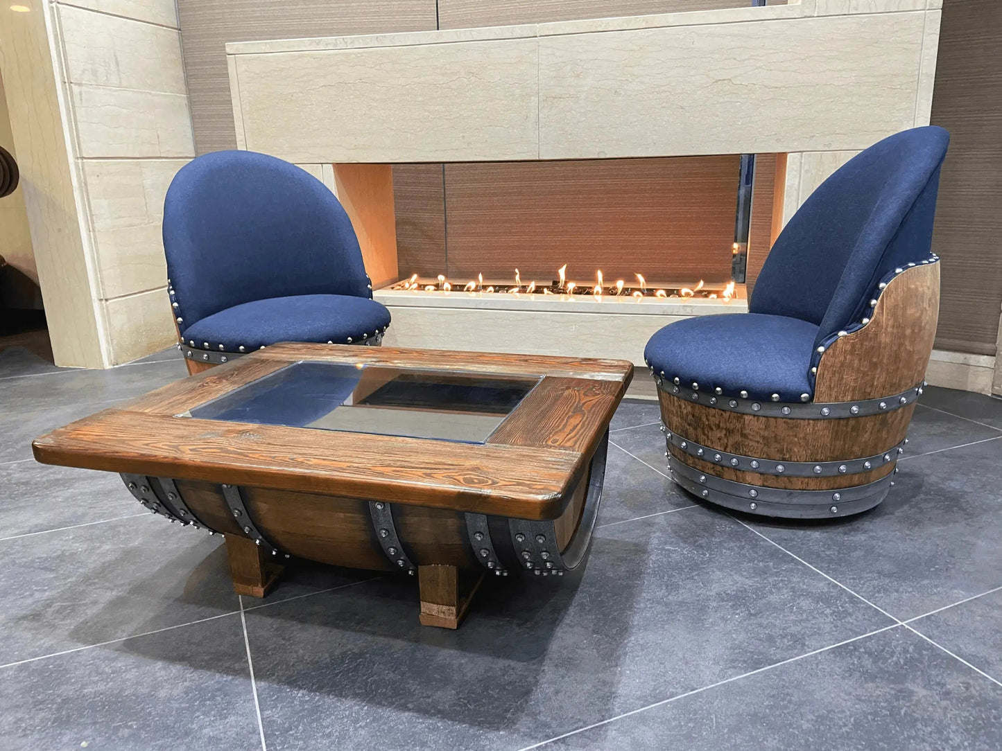Whiskey & Wine Barrel Lounge Chair — Hidden Storage, Memory Foam, Blue Denim Upholstery (Limited)