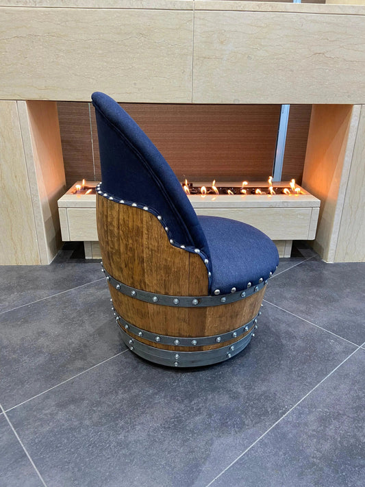 Whiskey & Wine Barrel Lounge Chair — Hidden Storage, Memory Foam, Blue Denim Upholstery (Limited)