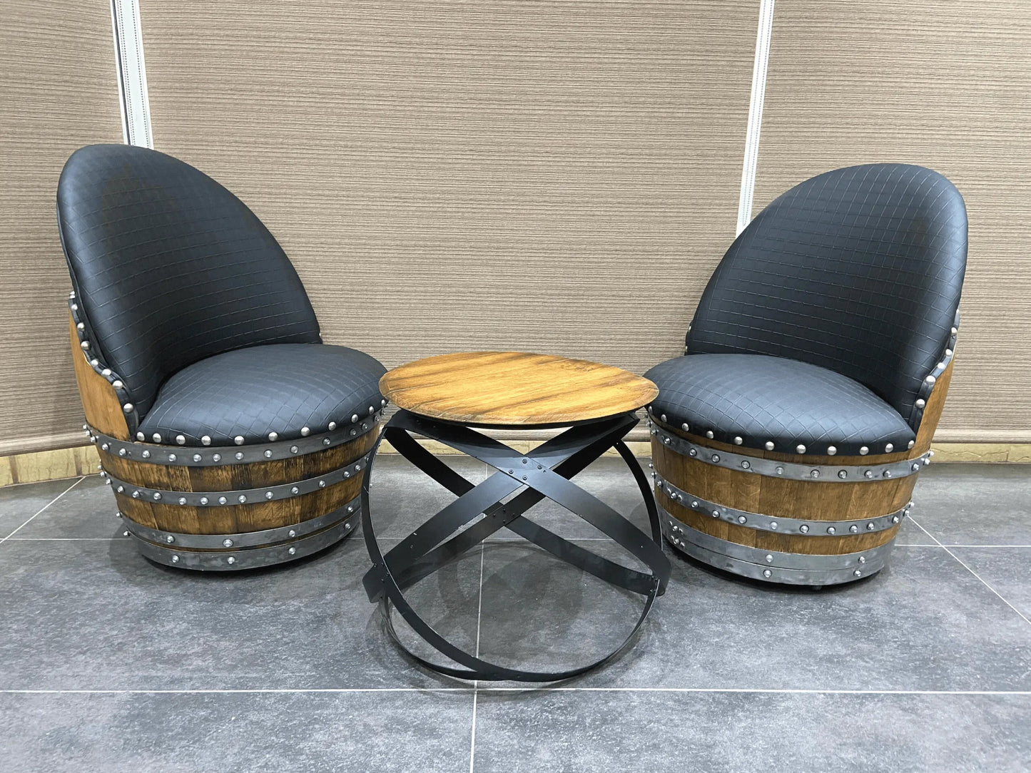 Whiskey & Wine Barrel Lounge Chair — Hidden Storage, Memory Foam, Checkered Gray Upholstery (Limited)