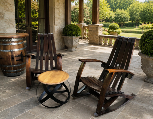 Whiskey & Wine Barrel Stave Lounge Chair Pair — Solid Oak, Hidden Storage
