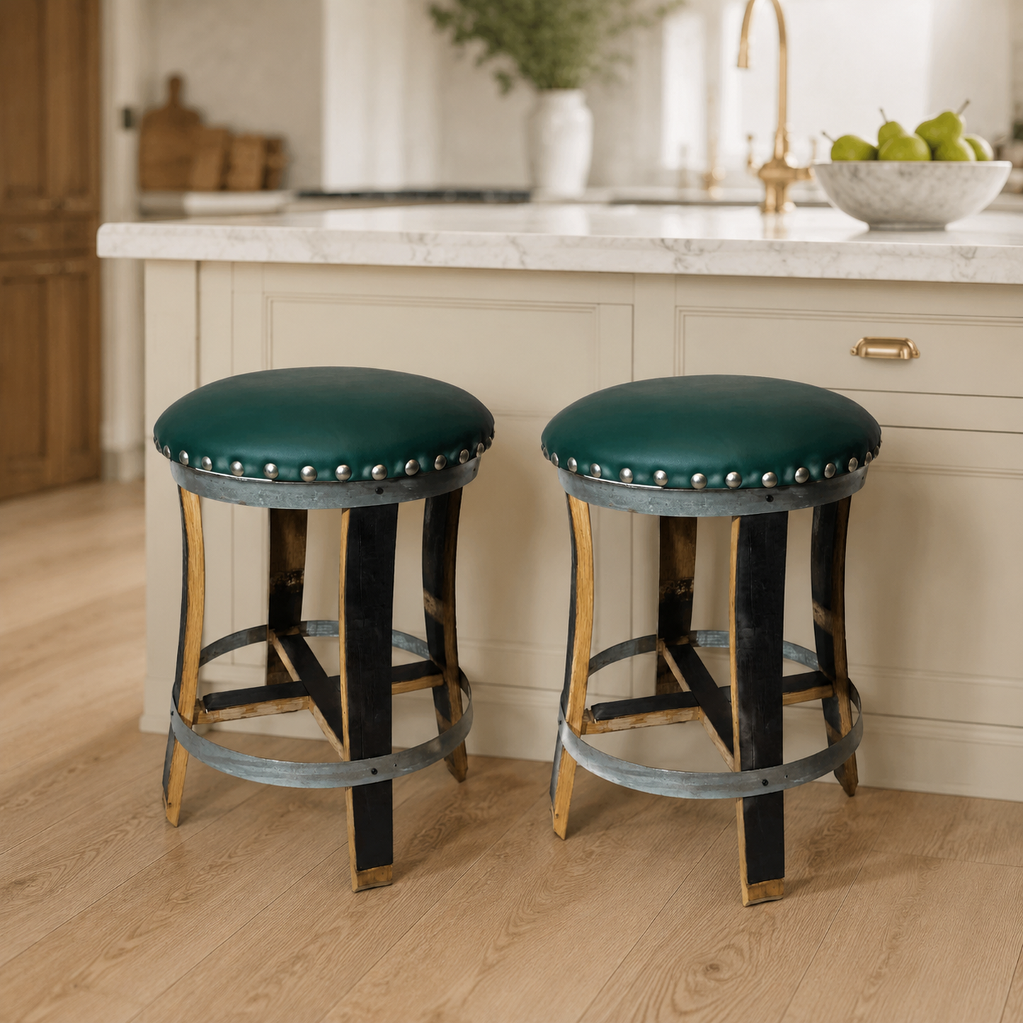Whiskey & Wine Barrel Stools — Set of 2, Memory Foam, Green Upholstery