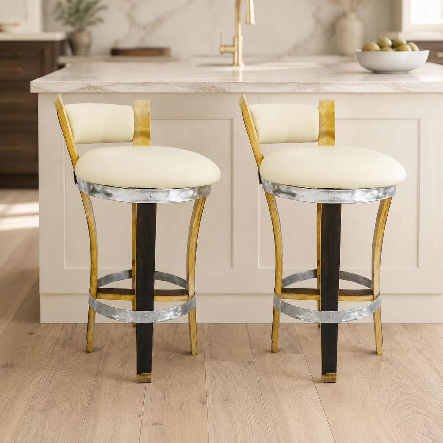Whiskey & Wine Barrel Stools — Set of 2, Memory Foam, Off-White Upholstery
