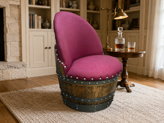 Whiskey & Wine Barrel Armchair with Hidden Safe — Memory Foam, Burgundy Berry Upholstery