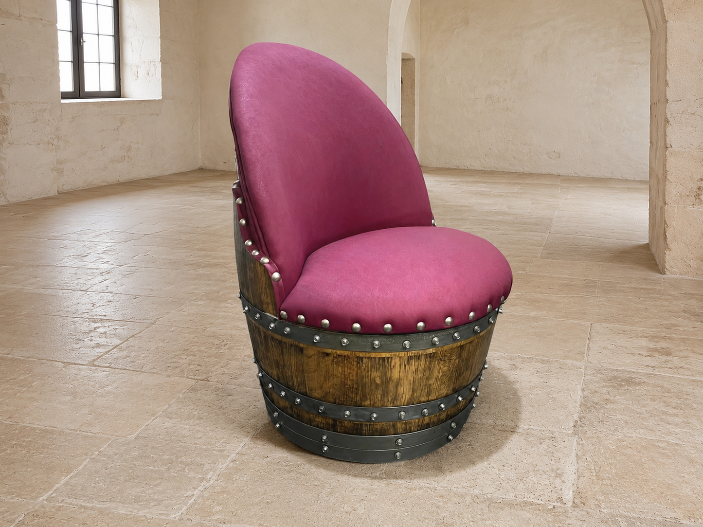 Whiskey & Wine Barrel Lounge Chair — Hidden Storage, Memory Foam, Burgundy Upholstery