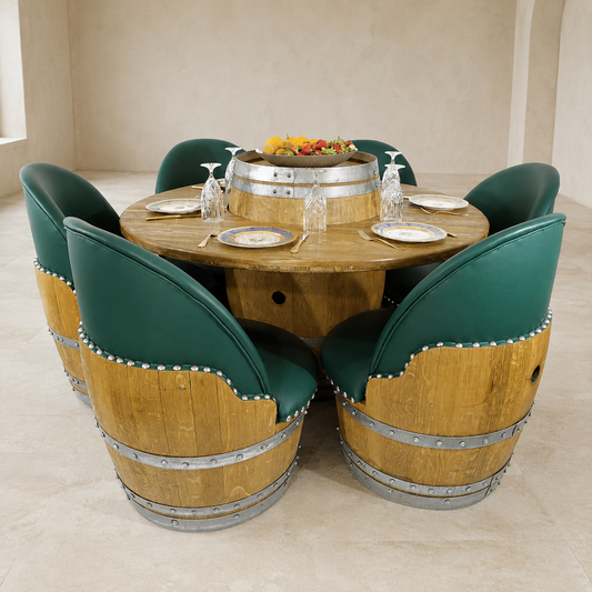 Whiskey & Wine Barrel Dining Set — Convertible Table, 6 Chairs, Removable Top