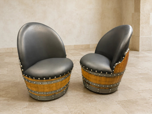 Whiskey & Wine Barrel Lounge Chair — Hidden Storage, Memory Foam, Black Upholstery