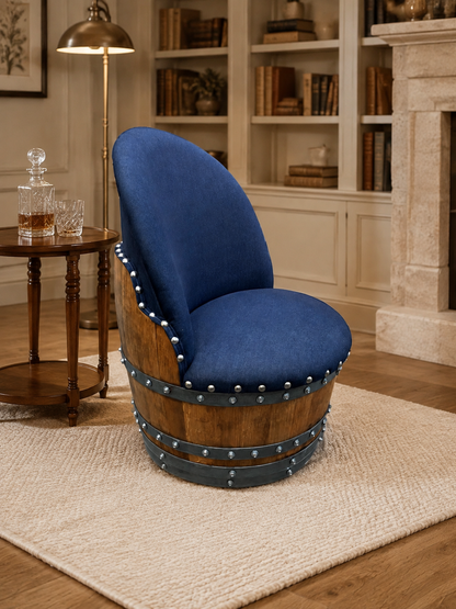 Whiskey & Wine Barrel Armchair with Hidden Safe — Memory Foam, Dark Navy Blue Upholstery